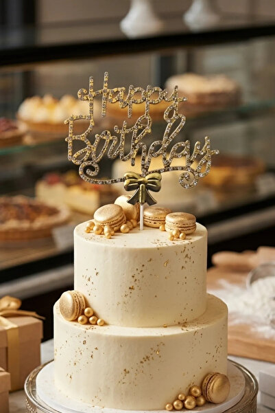 PASTRY PLANET Taşlı Happy Birthday Pasta Süsü Altın