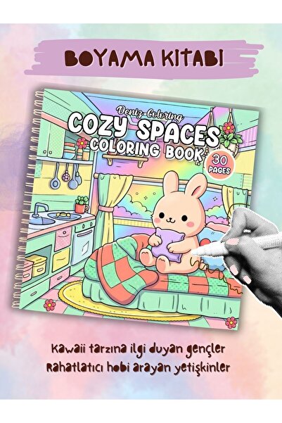 deniz9 Cozy Spaces Boyama Kitabı - 30 Sayfa Sevimli Tavşan ve Huzurlu Ev Temalı