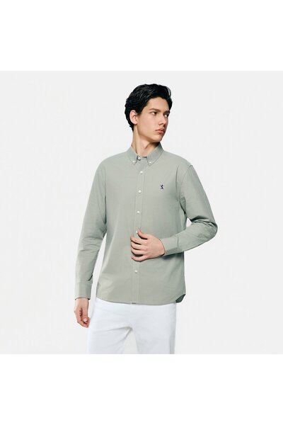 Giordano قميص رجالي بأكمام طويلة بنقشة أسد أكسفورد ضيقة