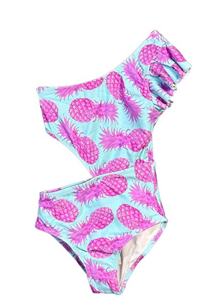 LOOK ME Fuchsia Pineapple Patterned Asymmetrical Cut-Out Girls' Swimsuit