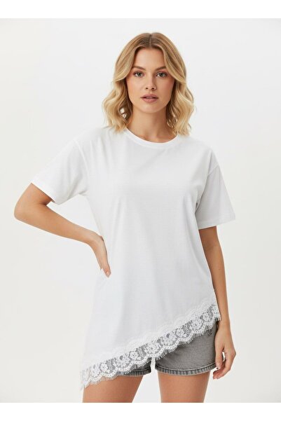 Noi Belis Πλεκτό T-Shirt με λεπτομέρεια από δαντέλα και λαιμόκοψη ποδηλάτου S...