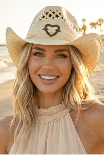 Uniquetrenders Γυναικείο ψάθινο καπέλο καουμπόι με αγκράφα σε σχήμα καρδιάς, ...