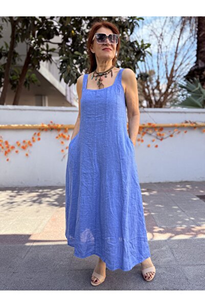 DenizEge Italian Sleeveless Square Neck Linen Dress Cloud Blue