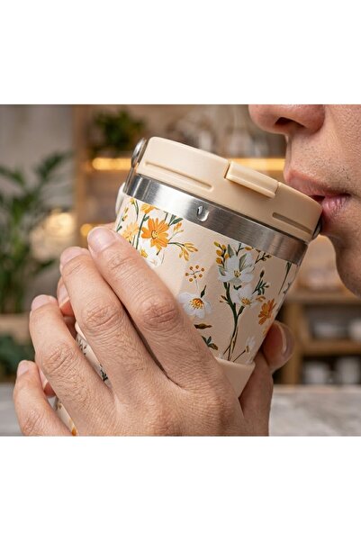 kt kuzey tacı Premium Çiçek Desenli Paslanmaz Çelik Termos Mug –Çift Katmanlı...