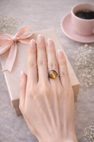 MUGUSA HEDİYELİK Amber-Colored Cat's Eye Stone Minimal Silver Ring - Glowing ...