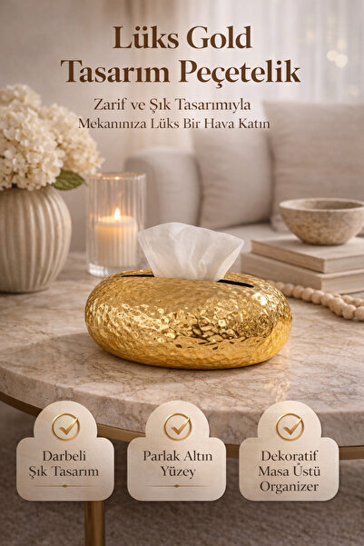 DİVAYS Gold Darbeli Dekoratif Peçetelik Modern Lüks Masa Üstü Organizer