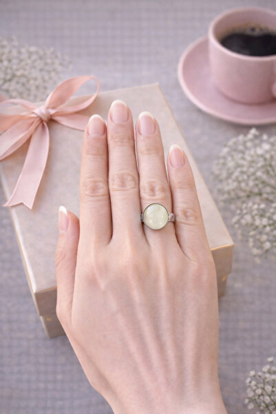 MUGUSA HEDİYELİK Pearl White Color Cat's Eye Stone Minimal Silver Ring - Shin...