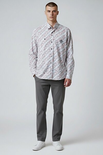 Campione Sailboat Patterned Navy Blue-White 100% Cotton Shirt