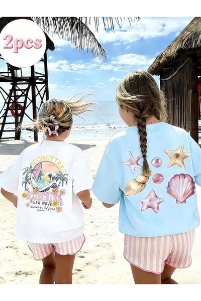 MORNİNG KİDS Момичешки комплект от 4 части с морска тематика на гърба, бяло-б...