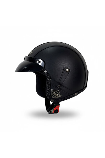 yyk 701 JYT Deri Cafe Racer Güneş Vizörlü Vintage Kask