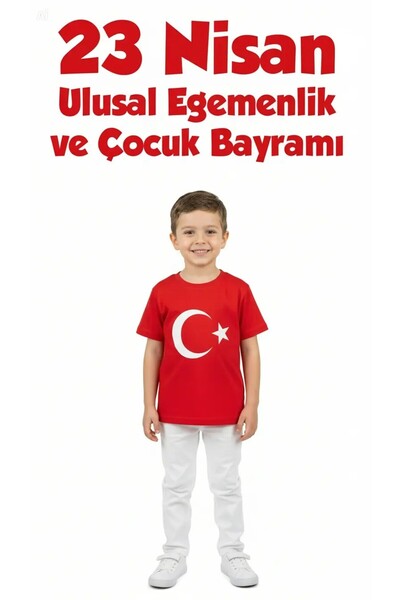 CN MODA CLUP 23 Nisan Çocuk Kombini - Ay Yıldızlı Al Bayrak Tişört ve Beyaz J...