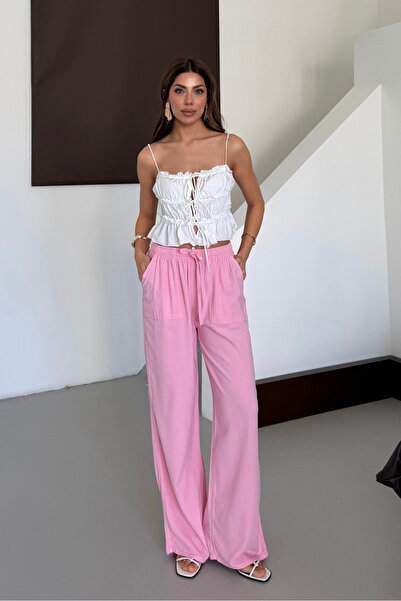 macharel jeans Γυναικείο παντελόνι παλάτσο με φαρδιά μπατζάκια και τσέπες