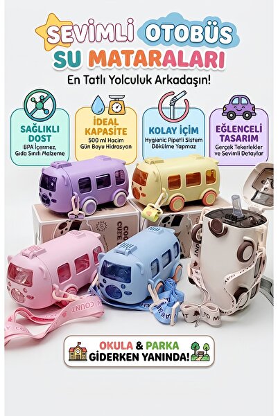 Wolawood Sevimli Otobüs Figürlü Park Okul Matarası 500-ML Askılı & Kilitli Ka...