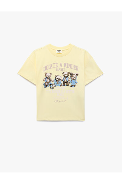 Koton Βαμβακερό μπλουζάκι με στάμπα αρκουδάκι, κοντομάνικο και με λαιμόκοψη π...