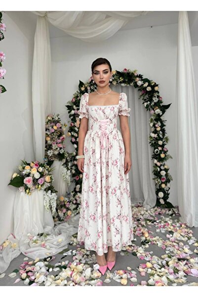 conconmoda Kare Yaka Korse Detaylı Kısa Kollu Yazlık Kadın Elbise