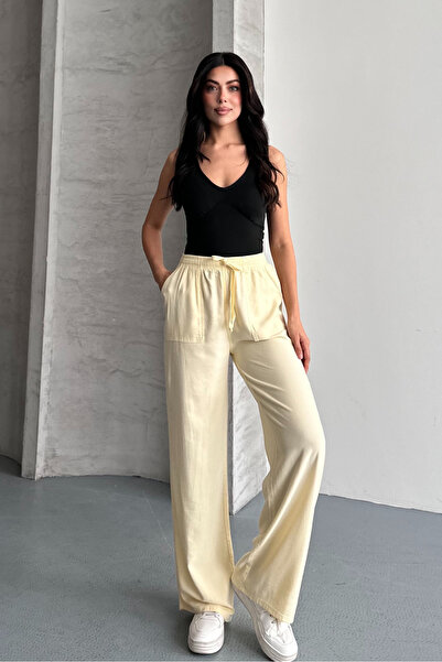 macharel jeans Γυναικείο παντελόνι παλάτσο με φαρδιά μπατζάκια και τσέπες