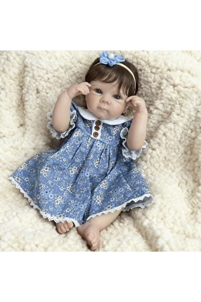 LunaDefano 48 CM (19 İnç) Reborn Bebek Mavi Elbiseli Gerçekçi Full Vinil Bebe...