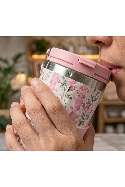 kt kuzey tacı Premium Çiçek Desenli Paslanmaz Çelik Termos Mug –Çift Katmanlı...