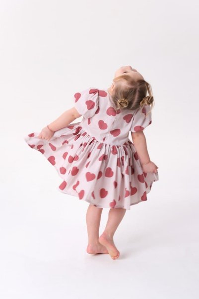 TINY BEAR Heart Patterned Balloon Sleeve Detailed Girls' Dress
