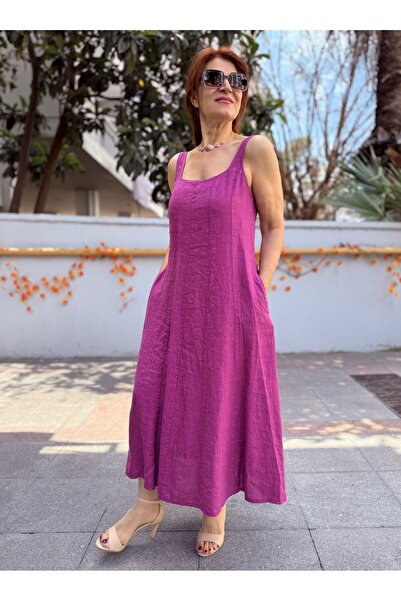 DenizEge Ιταλικό Αμάνικο Φόρεμα από Λινό με Τετράγωνο Γιακά σε Χρώμα Δαμασκηνί