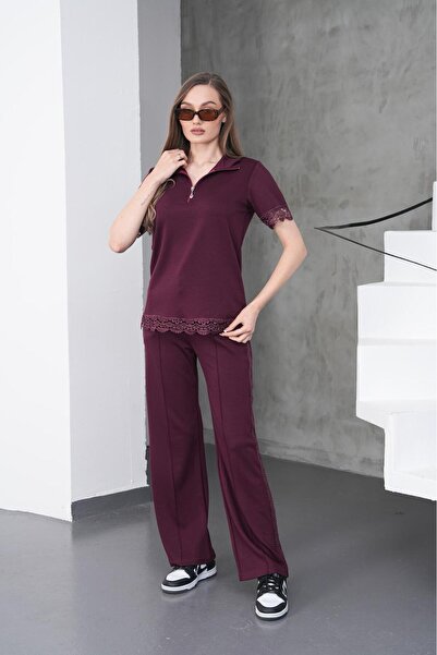 MODAMERSİ Γυναικείο Σετ με Δαντέλα σε Χρώμα Δαμασκηνί και Λεπτομέρεια Μισού Φ...