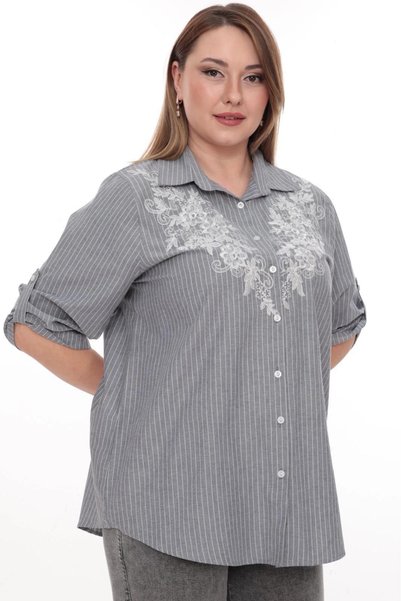Lady Majestic Plus Size 100% Cotton Embroidered Detailed Striped Shirt Stylish and Comfortable