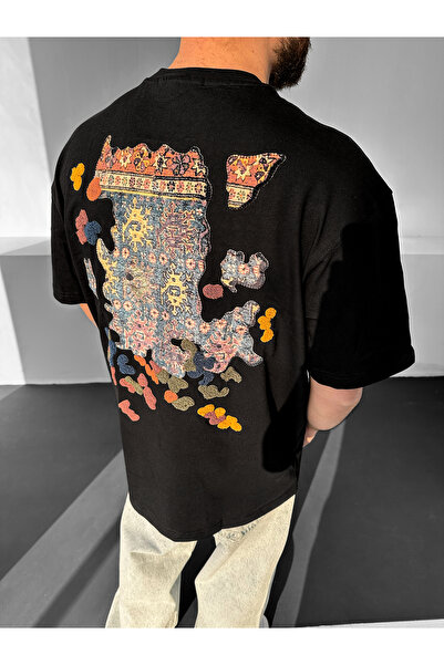 NO1 KONSEPT Μαύρο Αυθεντικό Υπερμεγέθες Premium Μπλουζάκι με Σχέδιο Κιλίμ