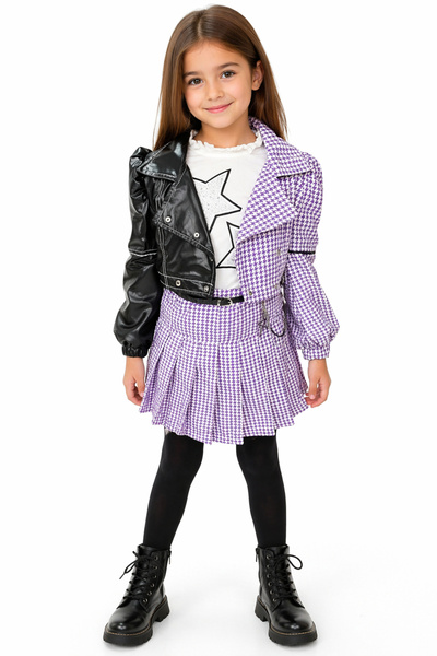 İrem Çocuk Giyim Girl's Leather Detailed Long Sleeve Badi Skirt and Belt Acce...