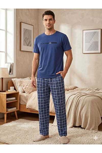 Asel Ανδρικό κοντομάνικο σετ πιτζάμες από χτενισμένο βαμβακερό ύφασμα Με τσέπ...