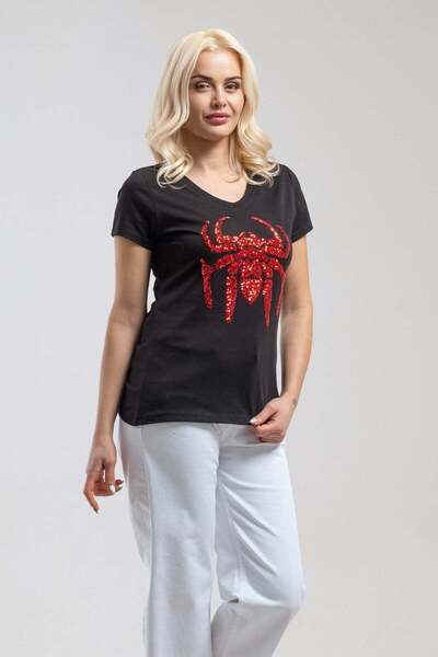 Bold & Young Tricou de damă negru, cu mânecă scurtă, cu decolteu în V, cu paiete brodate și model de păianjen