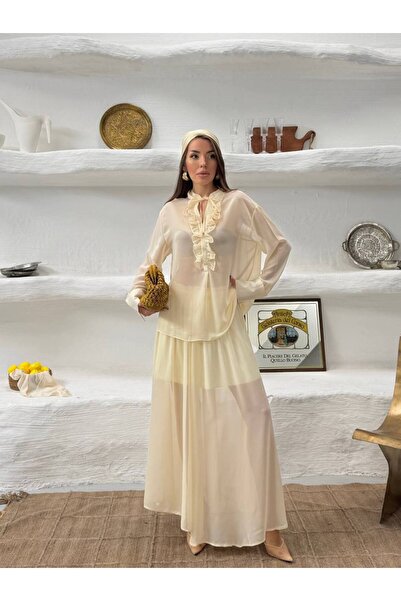 GAMZE ALPTEKİN Σετ μπλούζας από σιφόν υψηλής ποιότητας και μάξι φούστας με βο...