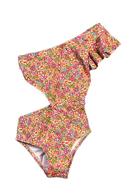 LOOK ME Floral Meyve Desenli Asimetrik Cut-Out Kız Çocuk Mayo