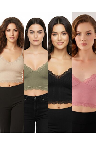 ACTRİS Σετ Crop 4 τεμαχίων με τιράντες, δαντέλα και επένδυση, μπουστάκι μπραλ...