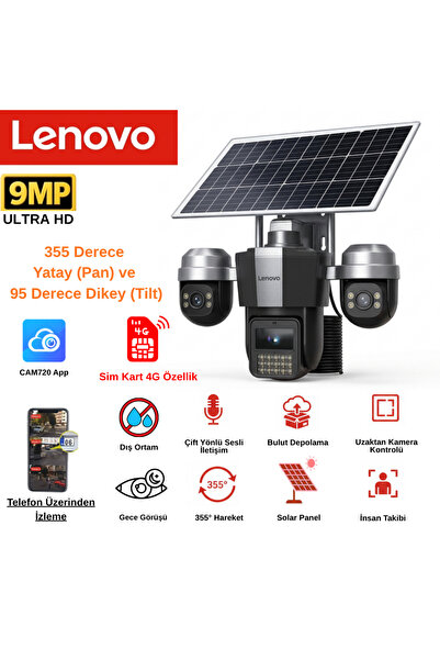 LENOVO 9MP 4G Solar Güvenlik Kamerası - Güneş Panelli, PTZ Uzaktan Kontrol