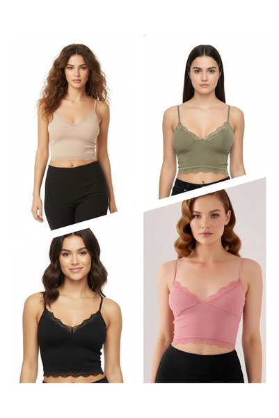 ACTRİS 4-Piece Crop Set with Straps, Lace and Padded Bustier Bralet, 95% Cotton (1- Khaki, 1-Pink, 1-Black, 1-Cream)