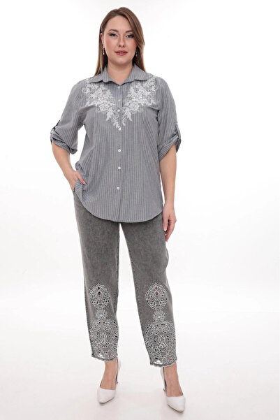 Lady Majestic Plus Size 100% Cotton Embroidered Detailed Striped Shirt Stylish and Comfortable