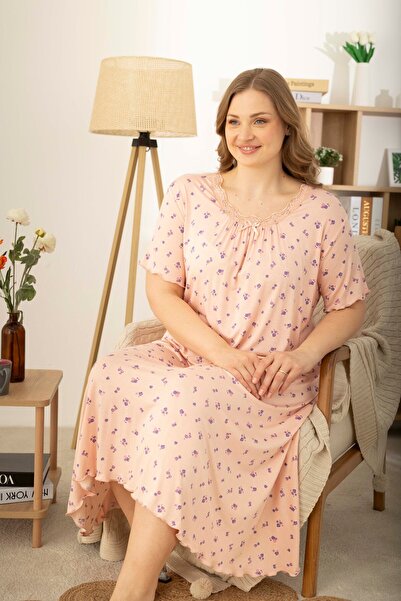 Salmon Flower Patterned Ring Viscose Short Sleeve Plus Size Dress