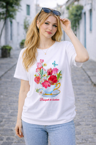 FANA Women's Floral and Coffee Themed T-Shirt - 100% Cotton Loose Fit Printed...
