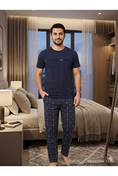 Asel Ανδρικό κοντομάνικο σετ πιτζάμες από χτενισμένο βαμβακερό ύφασμα Με τσέπ...