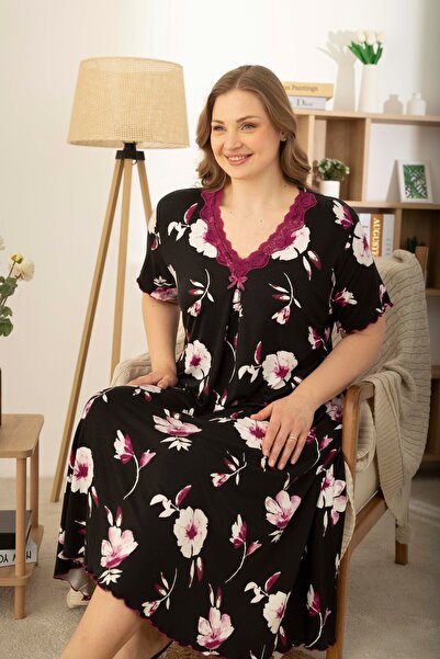 Black Floral Patterned Ring Viscose Short Sleeve Plus Size Dress