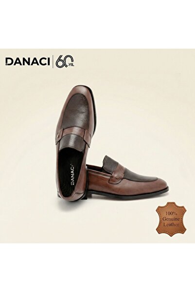 DANACI Erkek Hakiki Deri Kahverengi Loafer Makosen Klasik Bağcıksız Ayakkabı