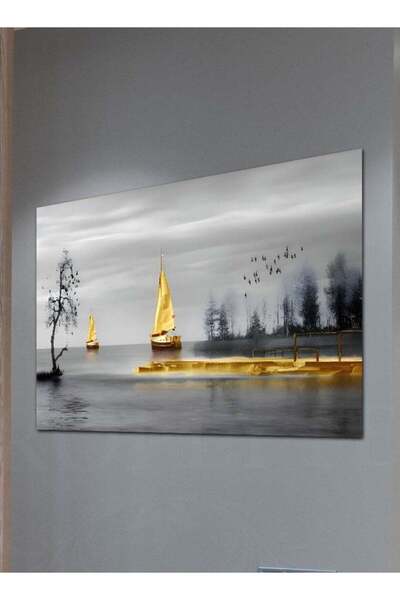Droplyte Golden Sailing Boat Digital Painting Decorative Wall Art