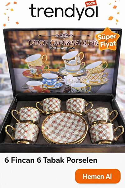 OEM Σετ Ελεγκάντ Καφέ – 6 Φλιτζάνια + 6 Πιατάκια – Πορσελάνη