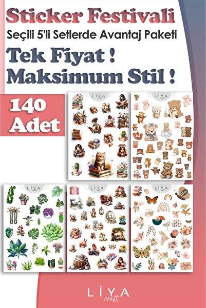 LiyaCraft 140 Adet Sticker Seti - 5 Sayfa Kitap Sever, Ayıcık, Bitki ve Bohem...