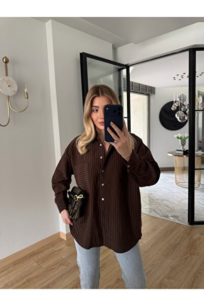CKBUTİK Kahverengi Oversize Dokulu Gömlek-5000
