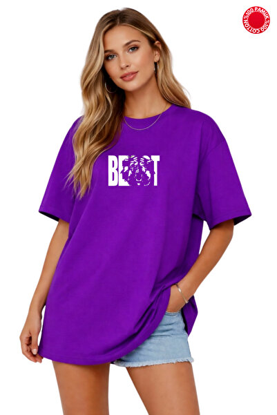 DUBU BUTİK Unisex Oversize T-Shirt 100% βαμβακερό με στάμπα μωβ T-shirt Άνετη...
