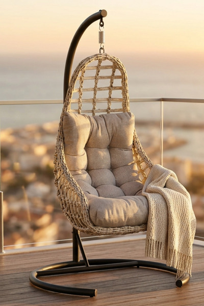 KalyonHome Gardeniza Split Tek Kişilik Bahçe Salıncağı Ayaklı Rattan Balkon Teras Bej