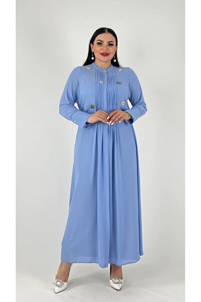 mardi exclusive Women's Plus Size Ribbed Embroidered Long Evening Dress Blue