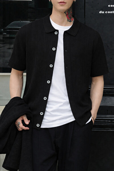 Tarz Cool قميص تريكو رجالي مخطط بياقة كارديجان صيفي بقصة مريحة