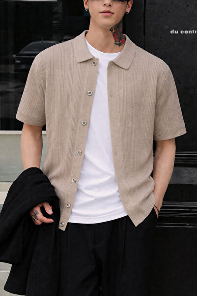 Tarz Cool قميص تريكو رجالي مخطط بياقة كارديجان صيفي بقصة مريحة